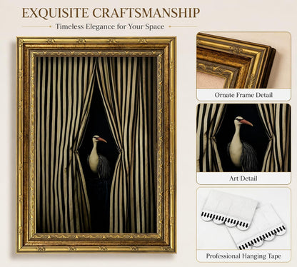 Vintage Gold Framed Moody Crane Canvas Wall Art