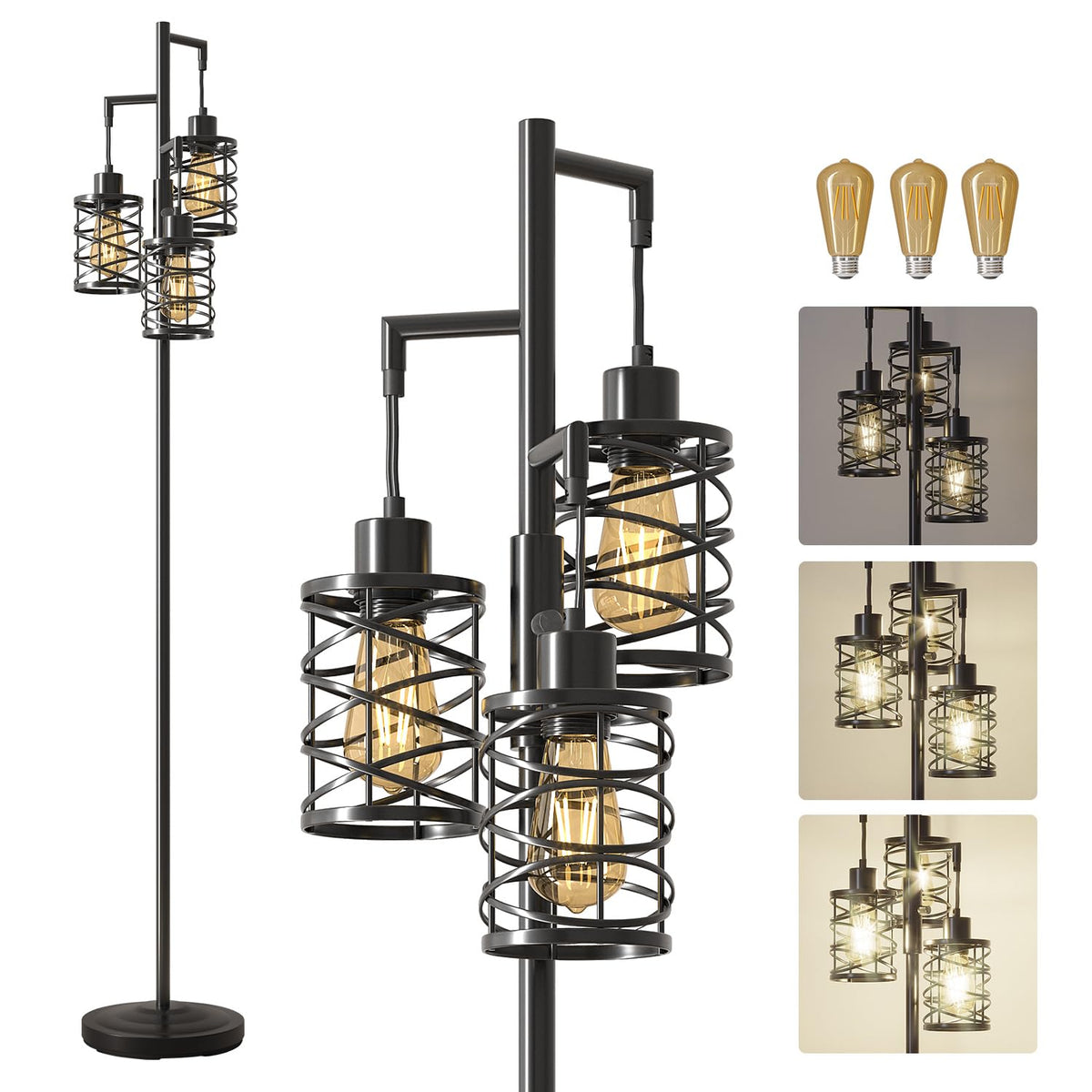 Oneach 66" Gold Floor Lamp for Living Room, Boho Floor Lamp with LED Bulb, Foot Switch, Rattan Shade, Industrial Tall Farmhouse Standing Lamp for Bedroom, Dining Room, Study Room, Office