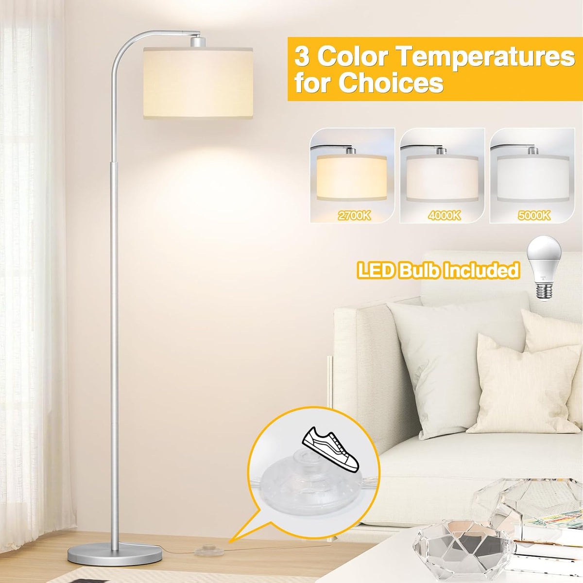 Silver Floor Lamp, Arc Floor Lamps for Living Room