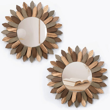 Honiway Wall Mirror Decorative 12 inch Rustic Wood Mirror Sunburst Boho Mirror for Entryway Bedroom Living Room Bathroom House Warming Gifts New Home Essential Carbonized Black
