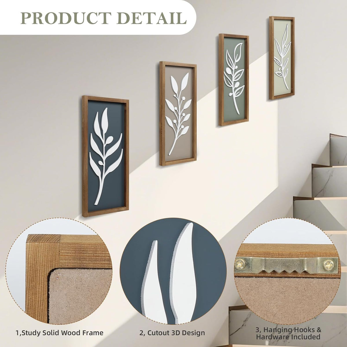 3D Tree Leaf Wooden Framed Boho Wall Art (Set of 4)