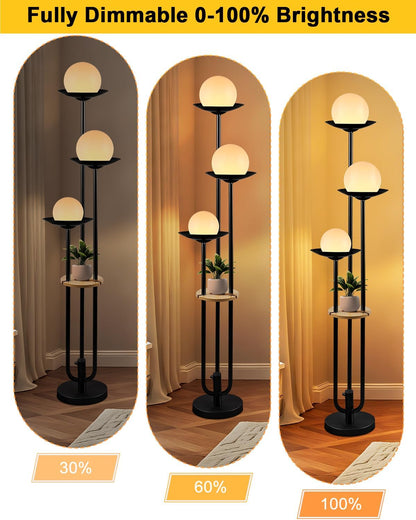 63IN Globe Floor Lamp with Table, 3-Lights Modern Dimmable Floor Lamps with 3000K Warm White Bulbs for Wedding/Party, Black Tall Standing Lamp with 5Lbs Heavy Base for Living Room/Bedroom