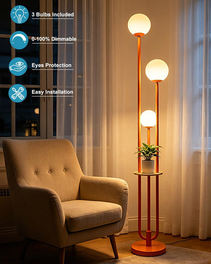 Lightdot 63IN Orange Floor Lamp with Shelf Mid Century Modern Tall Standing Lamps with 3000K Warm White Bulb Included Dimmable Globe Floor Lamp with 5Lbs Heavy Base for Living Room/Party/Corner Decor