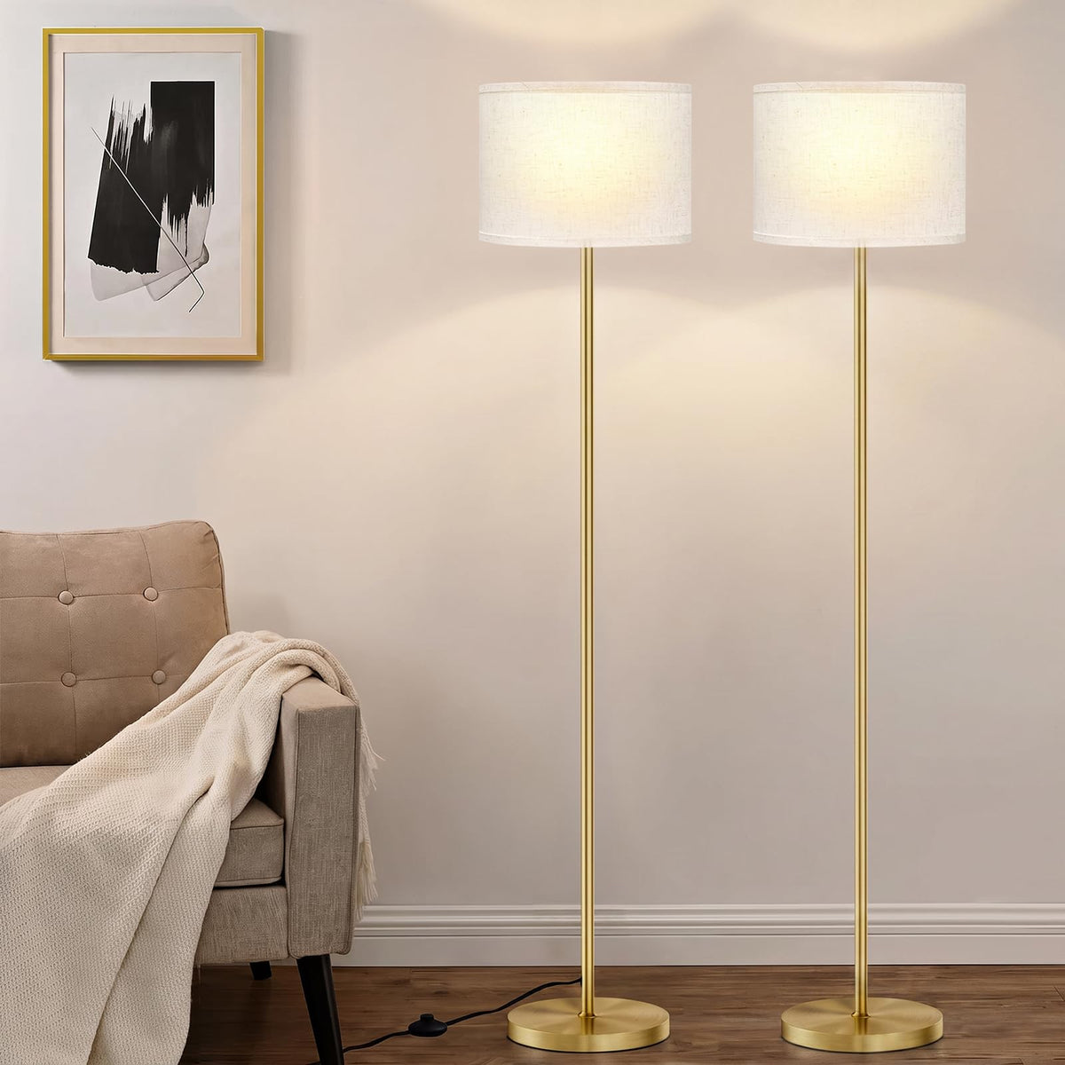 Modern Floor Lamp Simple Design with White Shade & Foot Pedal Switch