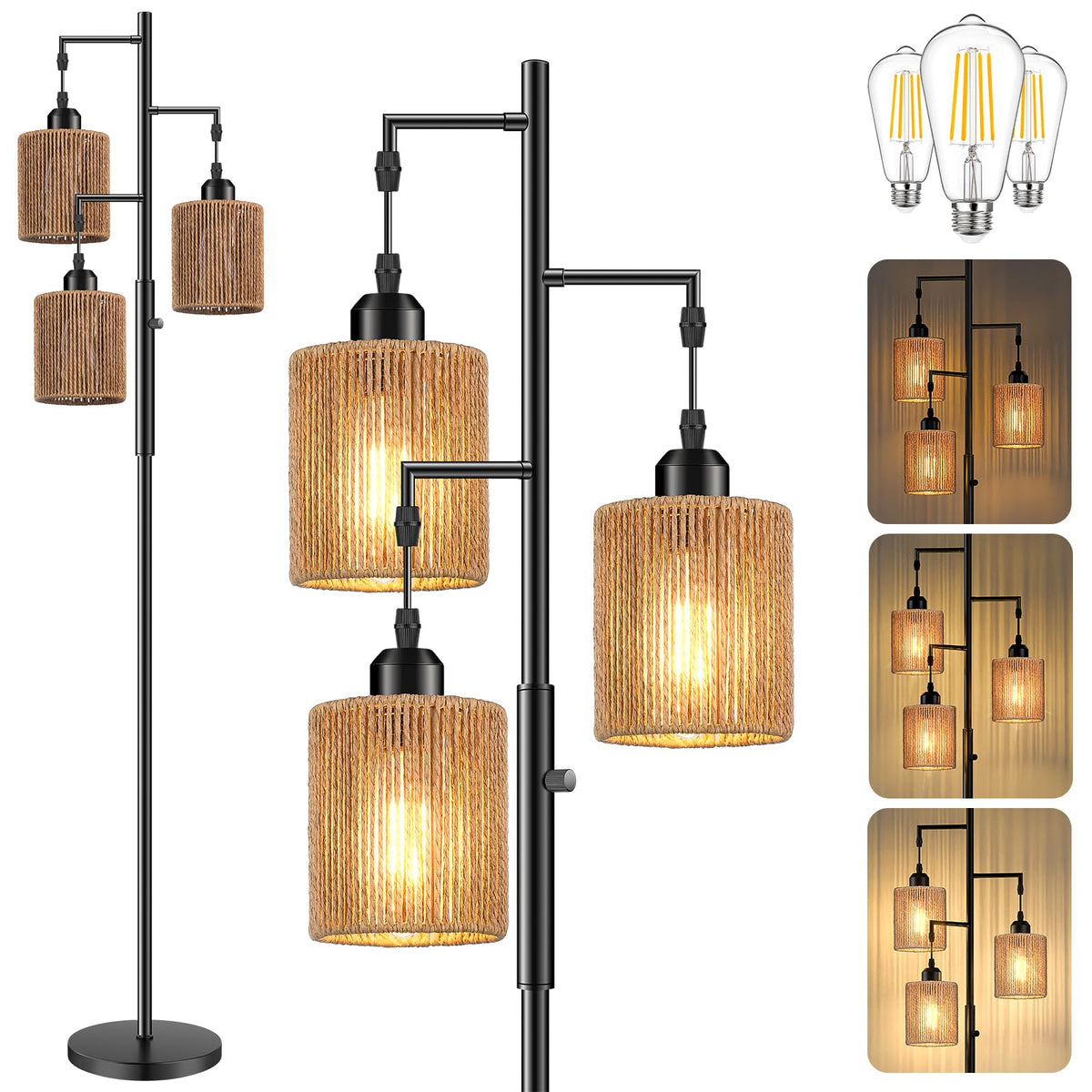 Hotsonic 72" Boho Rattan Tree Floor Lamp, Tall Dimmable Industrial Standing Lamp, Corner Decor Accent Lighting for Living Room, Bedroom, Dining Room, Nursery, Cafe (3 x 800LM Bulbs Included) - Black