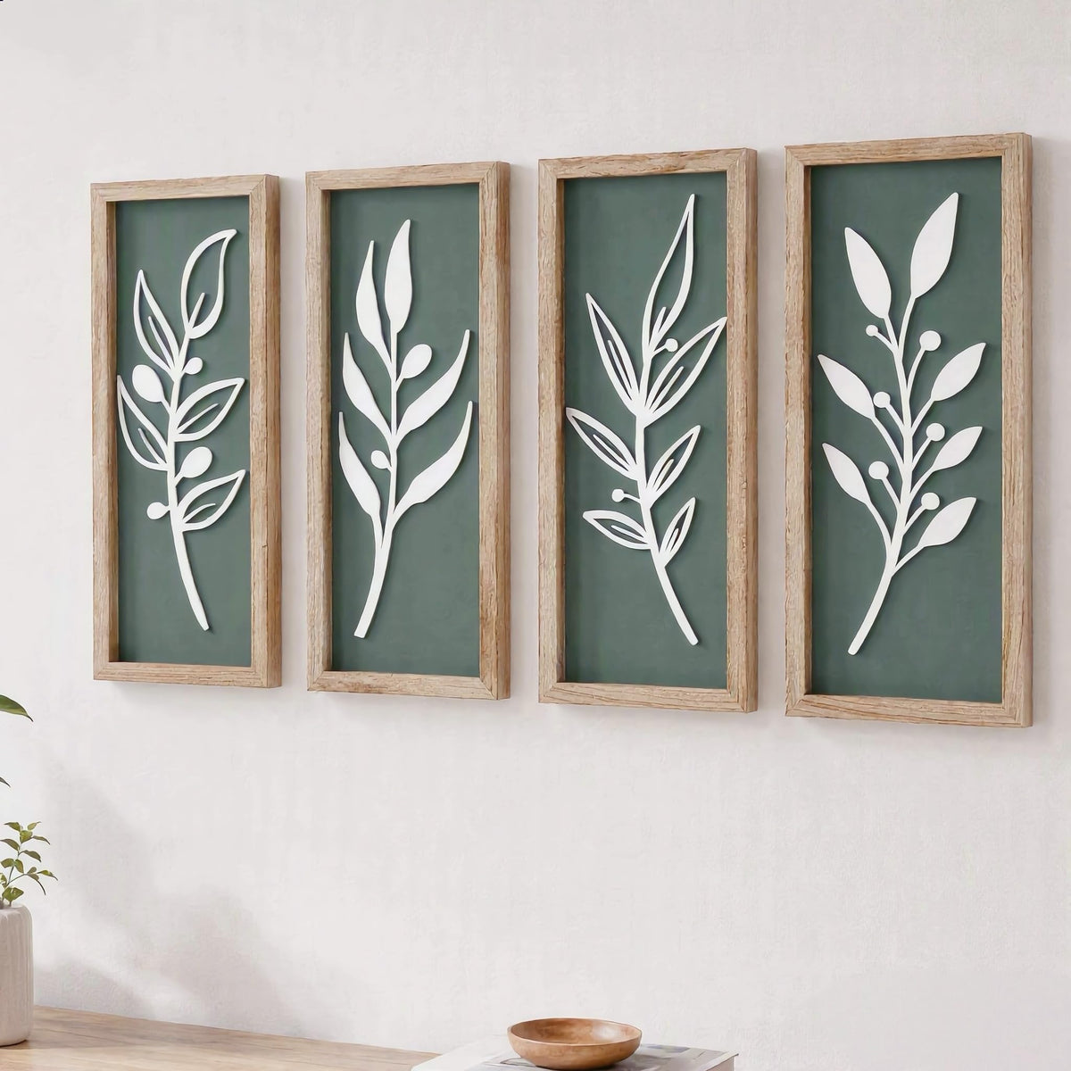 3D Tree Leaf Wooden Framed Boho Wall Art (Set of 4)