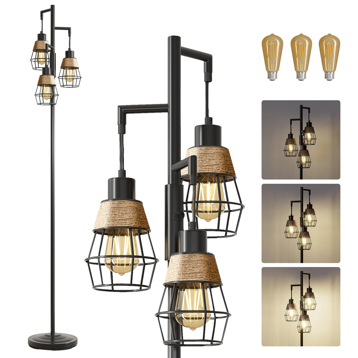 Oneach 66" Gold Floor Lamp for Living Room, Boho Floor Lamp with LED Bulb, Foot Switch, Rattan Shade, Industrial Tall Farmhouse Standing Lamp for Bedroom, Dining Room, Study Room, Office