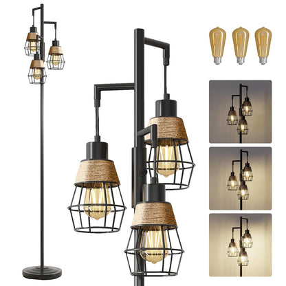 Oneach 66" Gold Floor Lamp for Living Room, Boho Floor Lamp with LED Bulb, Foot Switch, Rattan Shade, Industrial Tall Farmhouse Standing Lamp for Bedroom, Dining Room, Study Room, Office