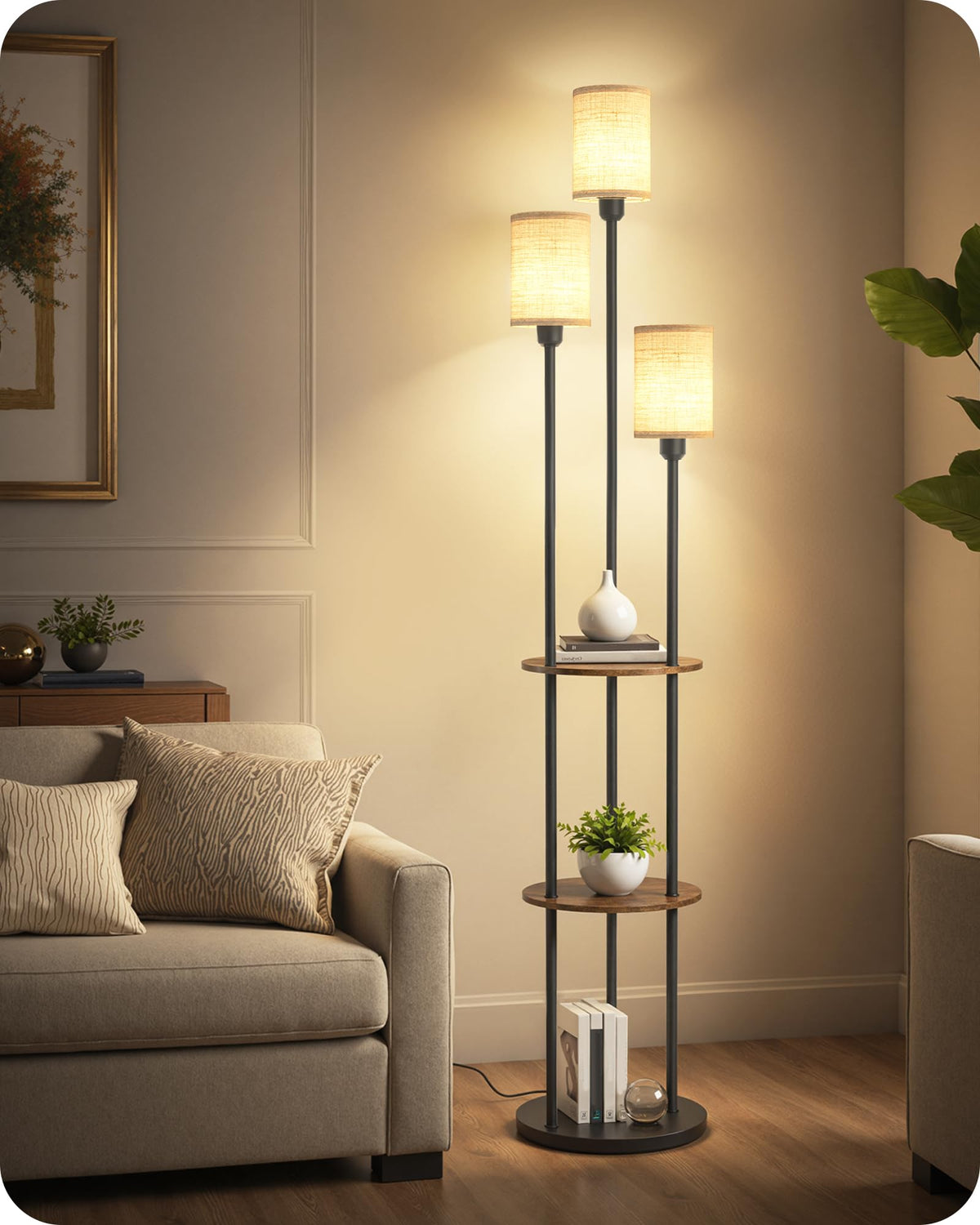 70.9" Floor Lamp with Shelves, Modern Floor Lamp with 3 Linen Shades and Foot Switch, 3-Light Standing Lamp, for Living Room, Bedroom, Study, Office, Rustic Brown and Beige EF53LD05