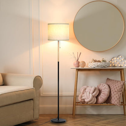 LALISU Bedroom Standing Floor Lamp with Linen Shade,White+ Wood Black Pole