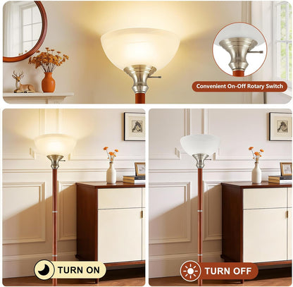 EJIAXIN 72" Wood Torchiere Floor Lamp with Glass Shade Nikel Standing Lamp