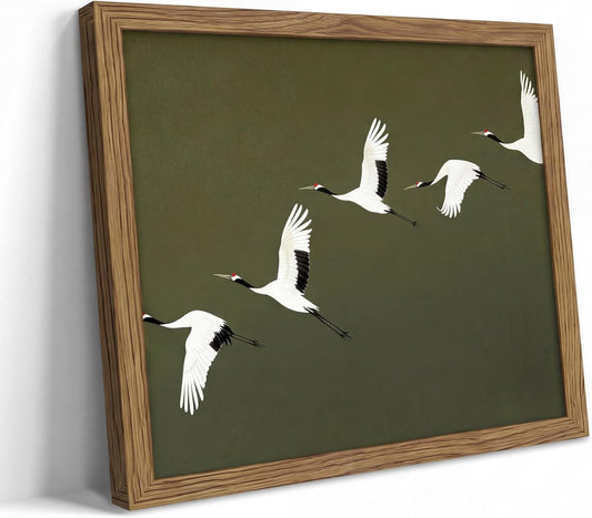 Framed Japanese Flying Cranes Wall Art Canvas Print with Vintage Bird Painting Picture Wall Decor Rustic Nature Animal Canvas Prints Minimalist Home for Living Room Bedroom Office 8x10 Inches