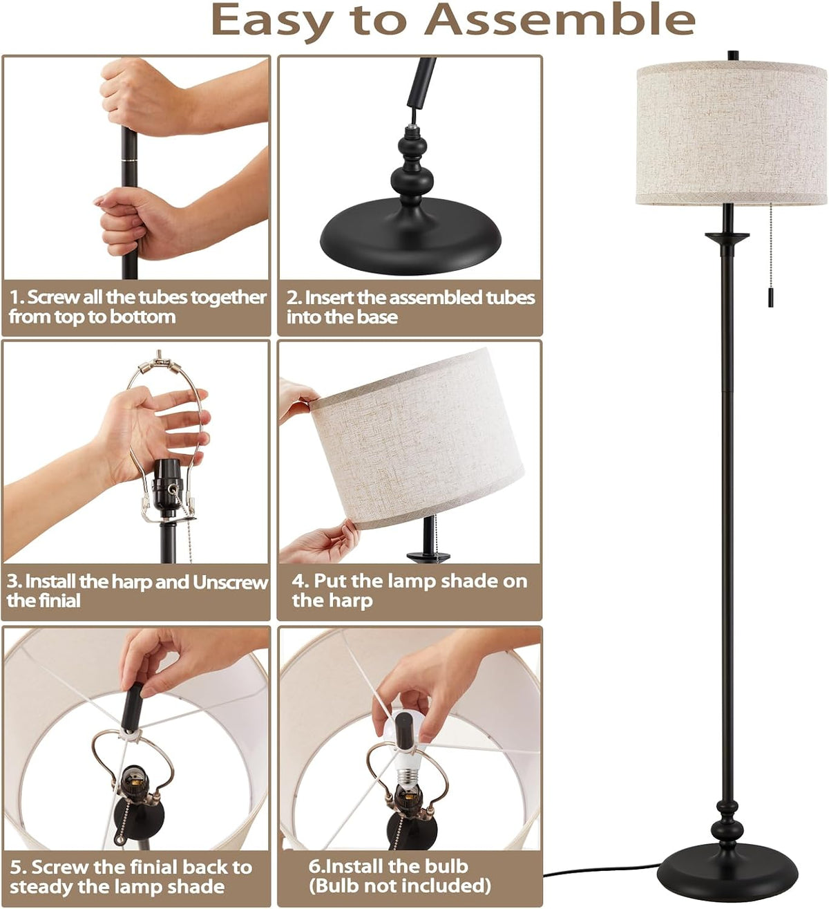 Luvkczc Black Floor Lamp, 60" Standing Lamp with Fabric Lampshade