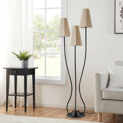 ZenGlimmer Artistic Vintage Floor Lamp, 3-Light Standing Lamps with Sculptural Curved Iron Base & Octagonal Linen Shades, Statement Lighting for Living Room, Bedroom, Studio