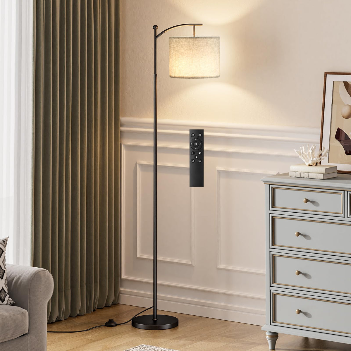 Ambimall 60" Floor Lamp with Remote and Stepless Dimmable Bulb, Black Pole