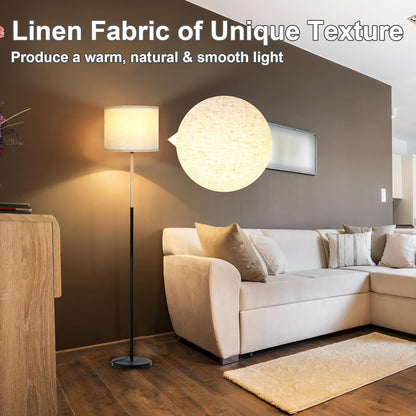 LALISU Bedroom Standing Floor Lamp with Linen Shade,White+ Wood Black Pole