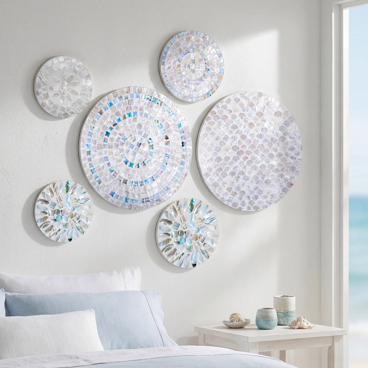 Novabright 6 Pcs Shell Wall Decor 11.8 Inches Natural Mother of Pearl Shell Plate Coastal Wall Art Mosaic Sculpture Handmade Hanging Plates Arts for Bedroom Bathroom Home Office Hotel