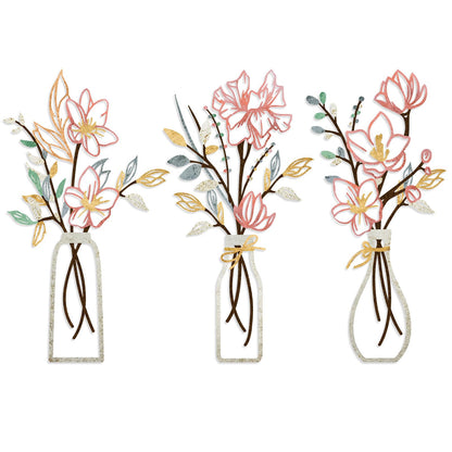 ARTINME 3 Pieces Metal Flowers Wall Arts - Rustic Farmhouse Decor Minimalist Flower Wall Decors for Living room Bathroom Kitchen Bedroom Dining Room - Housewarming Gifts (Brown)