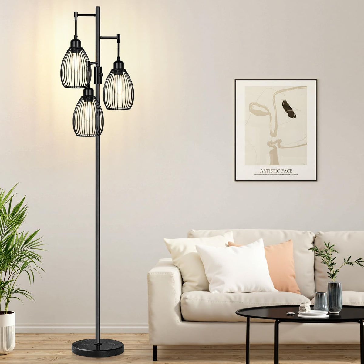 Dimmable Floor Lamp, 3 x 800LM LED Edison Bulbs Included, Farmhouse Industrial Floor Lamp Standing Tree Lamp with Elegant Teardrop Cage Tall Lamps for Living Room Bedroom Office Dining Room-Black
