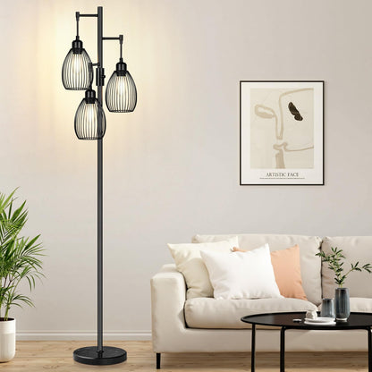 Dimmable Floor Lamp, 3 x 800LM LED Edison Bulbs Included, Farmhouse Industrial Floor Lamp Standing Tree Lamp with Elegant Teardrop Cage Tall Lamps for Living Room Bedroom Office Dining Room-Black