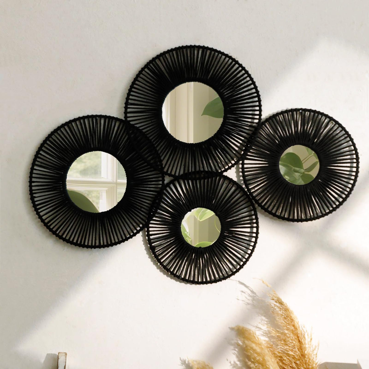 Artilady Hanging Baskets Wall Art with Mirror, 4Pcs Boho Coastal Wall Decor