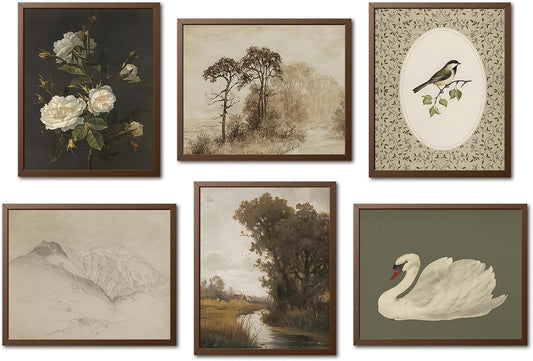 Mynotix Vintage Art Prints Posters Retro Botanical and Animal Wall Art Set of 6, Rustic Farmhouse Landscape Unframed Decor Canvas Painting Picture Aesthetic for Living Room Bedroom 8x10 inch