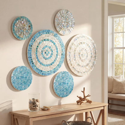 Novabright 6 Pcs Shell Wall Decor 11.8 Inches Natural Mother of Pearl Shell Plate Coastal Wall Art Mosaic Sculpture Handmade Hanging Plates Arts for Bedroom Bathroom Home Office Hotel