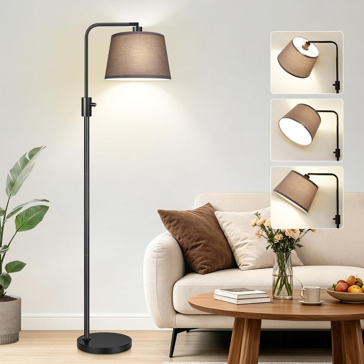 Nintiue 【Upgraded】 Dimmable Floor Lamp, 1000 Lumens LED Bulb Included, Arc Floor Lamps for Living Room Modern Standing Lamp with Linen Shade, Tall Lamp for Bedroom Office Reading Dining Room- Black