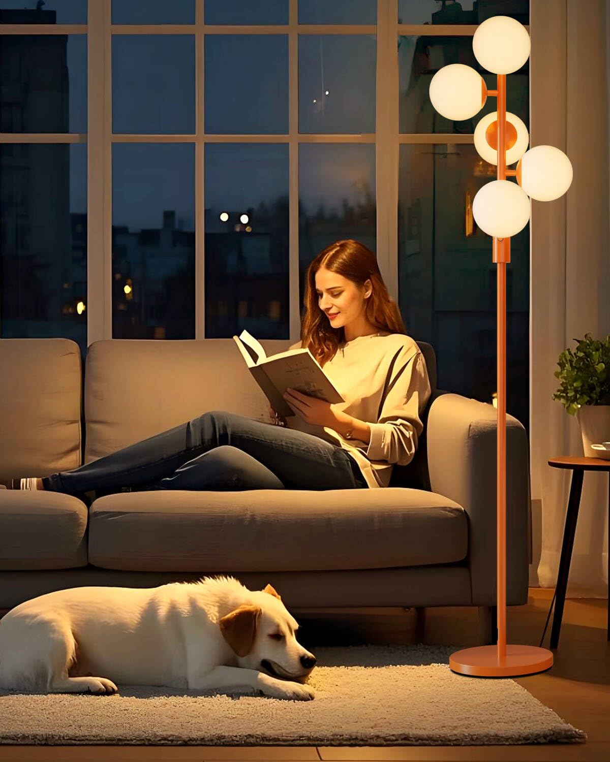 Lightdot 63IN Orange Floor Lamp with Shelf Mid Century Modern Tall Standing Lamps with 3000K Warm White Bulb Included Dimmable Globe Floor Lamp with 5Lbs Heavy Base for Living Room/Party/Corner Decor