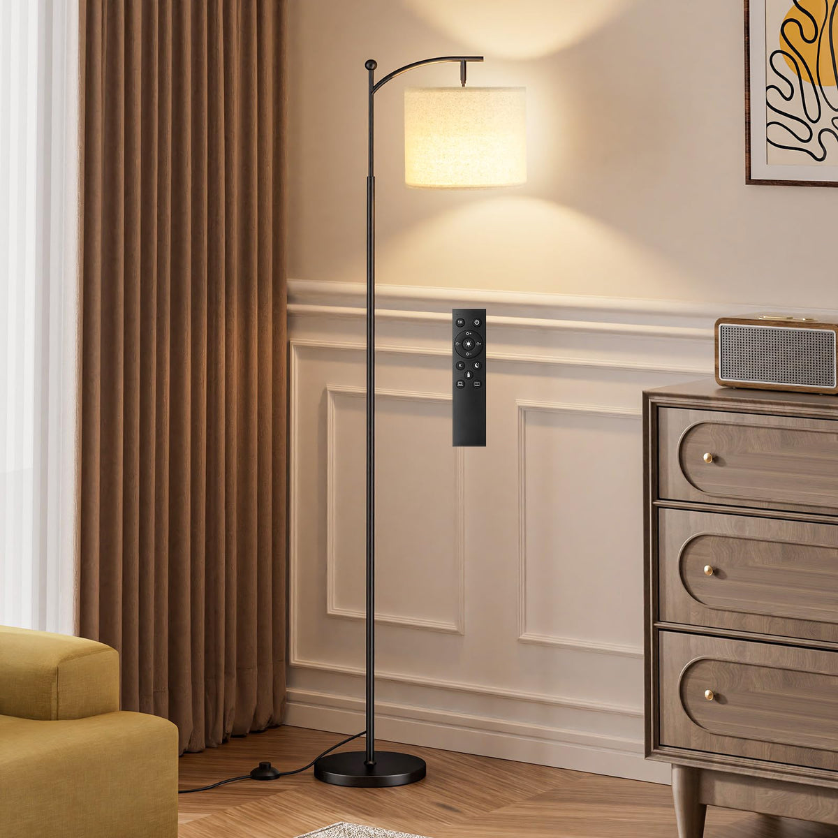 Ambimall 60" Floor Lamp with Remote and Stepless Dimmable Bulb, Black Pole