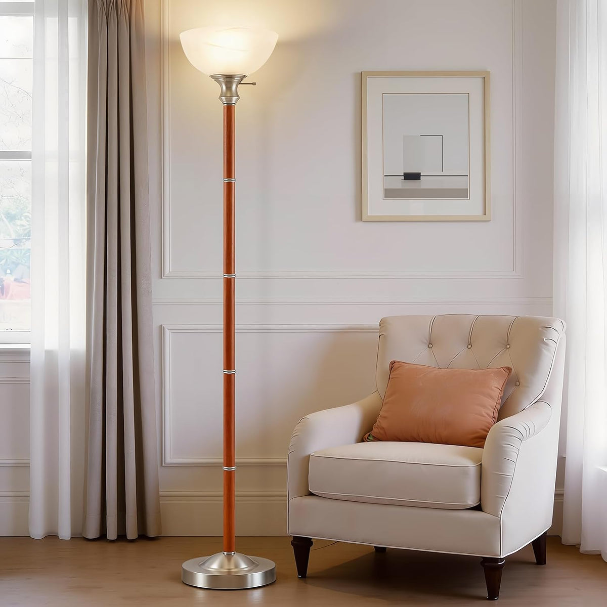 EJIAXIN 72" Wood Torchiere Floor Lamp with Glass Shade Nikel Standing Lamp