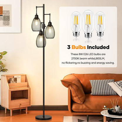 Dimmable Floor Lamp, 3 x 800LM LED Edison Bulbs Included, Farmhouse Industrial Floor Lamp Standing Tree Lamp with Elegant Teardrop Cage Tall Lamps for Living Room Bedroom Office Dining Room-Black