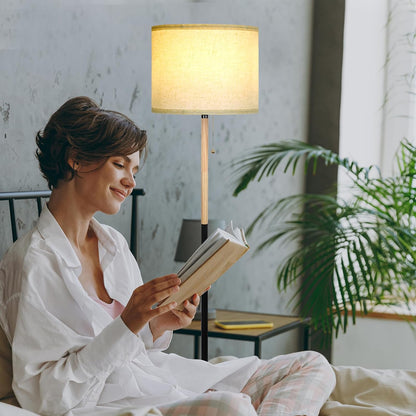 LALISU Bedroom Standing Floor Lamp with Linen Shade,White+ Wood Black Pole