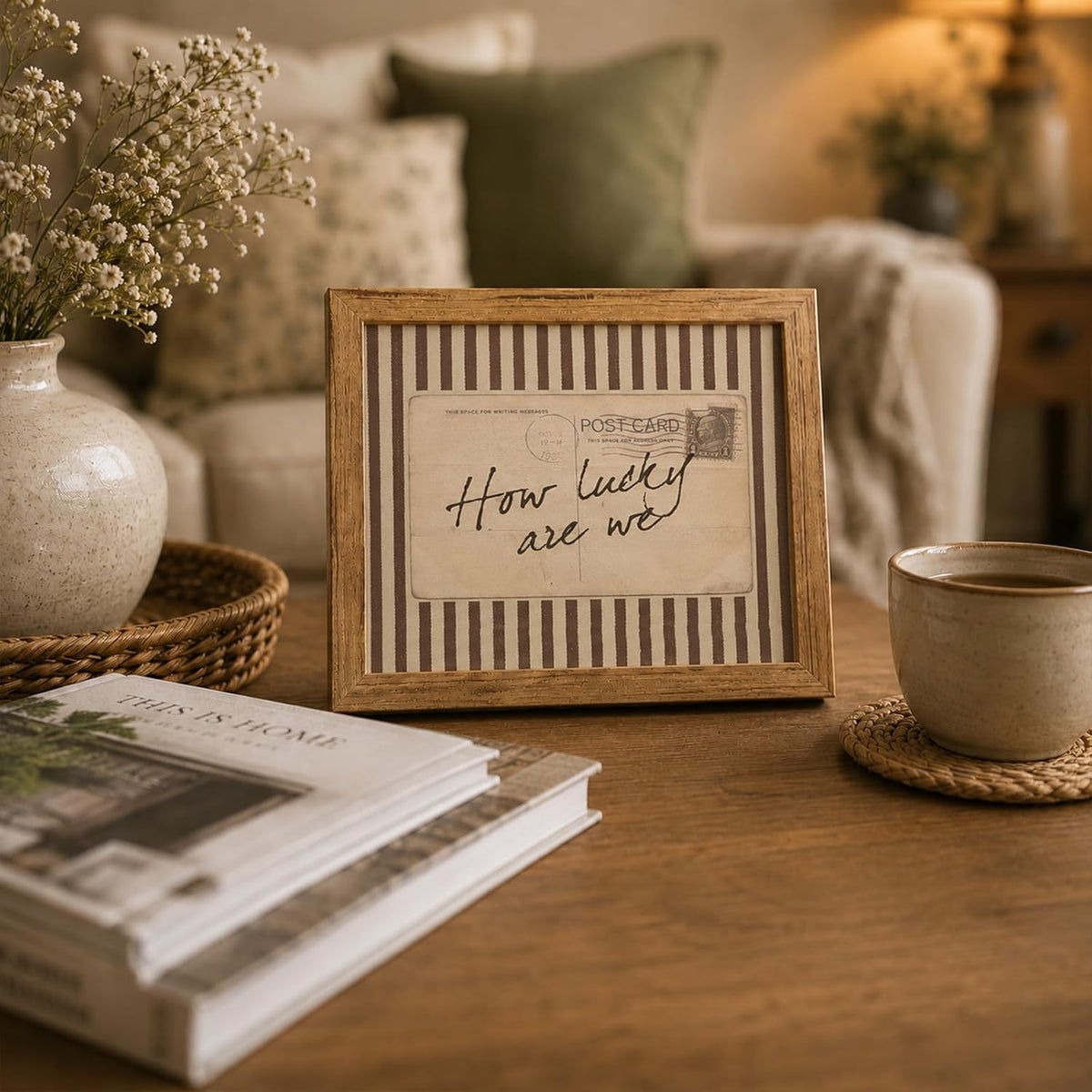 How Lucky Are We Wall Art, Wood Framed Postcard Poster with Positive Quote,Western, Old Money Brown Striped Decor, Cozy Rustic Sentimental Print for Bedroom Living Room, 8x10 Inch
