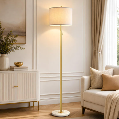 Nintiue Dimmable Gold Floor Lamp, Turkish Marble Base, White Linen Shade