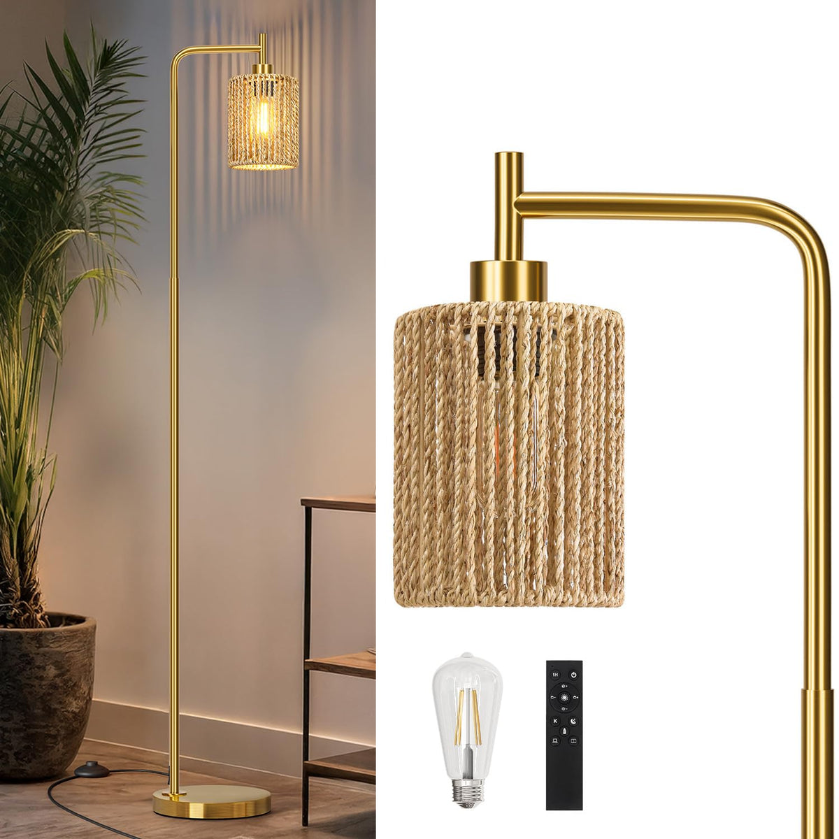 Oneach 66" Gold Floor Lamp for Living Room, Boho Floor Lamp with LED Bulb, Foot Switch, Rattan Shade, Industrial Tall Farmhouse Standing Lamp for Bedroom, Dining Room, Study Room, Office