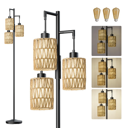Oneach 66" Gold Floor Lamp for Living Room, Boho Floor Lamp with LED Bulb, Foot Switch, Rattan Shade, Industrial Tall Farmhouse Standing Lamp for Bedroom, Dining Room, Study Room, Office