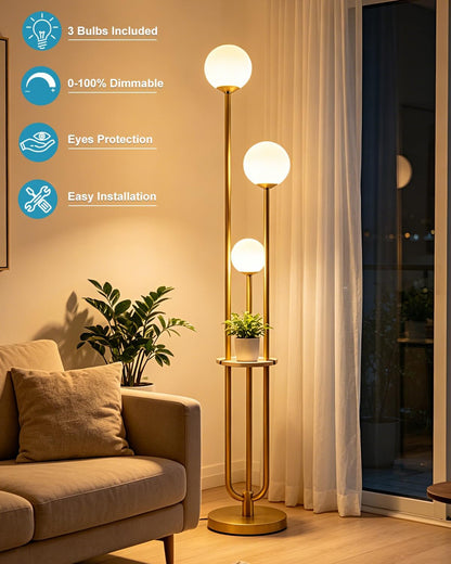 Lightdot 63IN Dimmable Gold Floor Lamp with Shelf Mid Century Standing Lamps with 3000K Bulbs Included Modern Globe Floor Lamp with 5Lbs Heavy Base for Living Room/Party/Sofa Beside/Corner Decor