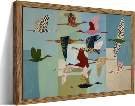 Vintage Wild Geese Wall Art, Neutral Abstract Flying BirdsFlying Birds Canvas Wall Decor Painting, Modern Colorful Geometric Animal Artwork Prints for Living Room Bedroom 12x16 Inch Wood Framed