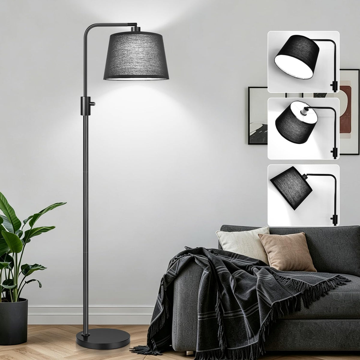 Nintiue 【Upgraded】 Dimmable Floor Lamp, 1000 Lumens LED Bulb Included, Arc Floor Lamps for Living Room Modern Standing Lamp with Linen Shade, Tall Lamp for Bedroom Office Reading Dining Room- Black