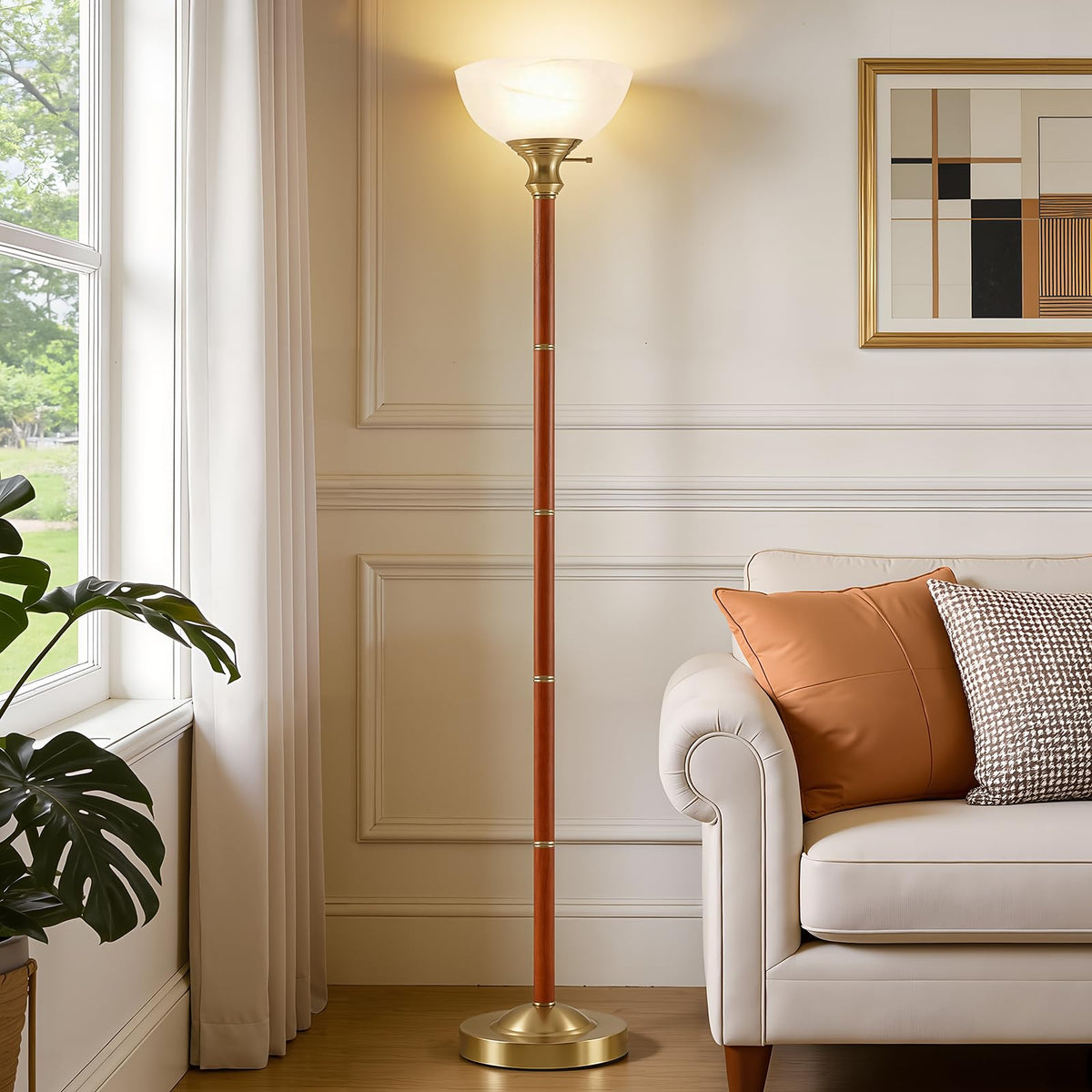 EJIAXIN 72" Wood Torchiere Floor Lamp with Glass Shade Nikel Standing Lamp