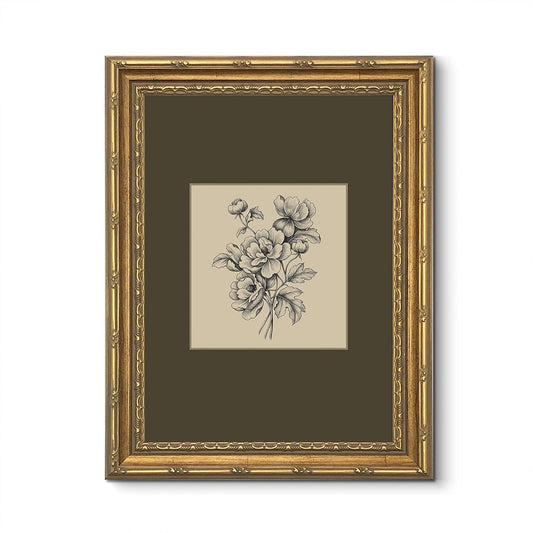 DNDXXUU Vintage Botanical Dark Green Flower Sketch, Oil Painting Style Step Tiered Gold Framed Wall Art, Cottagecore Aesthetic Decor for Bathroom