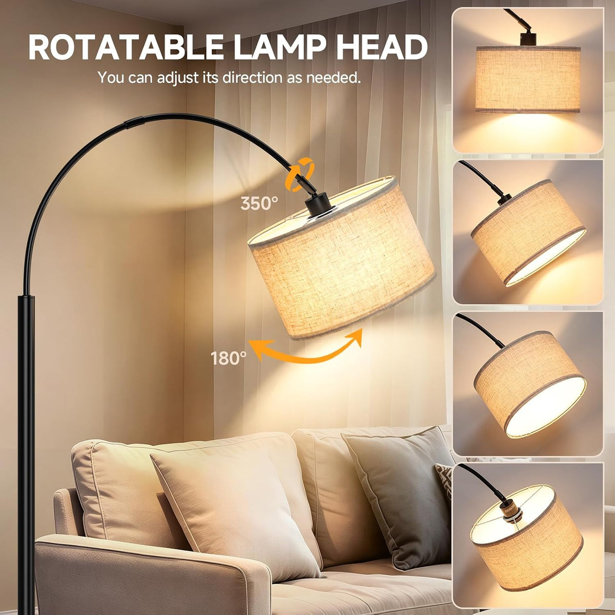 Arc Floor Lamps for Living Room, Black Standing Lamp with Linen Shade