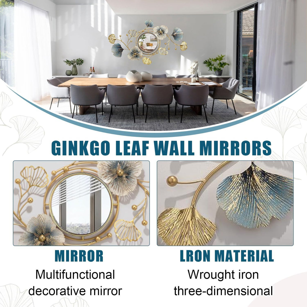 Metal Wall Mirrors Decor, 59" x33” Large Ginkgo Leaf Wall Art
