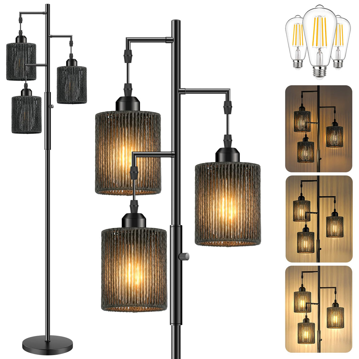 Hotsonic 72" Boho Rattan Tree Floor Lamp, Tall Dimmable Industrial Standing Lamp, Corner Decor Accent Lighting for Living Room, Bedroom, Dining Room, Nursery, Cafe (3 x 800LM Bulbs Included) - Black