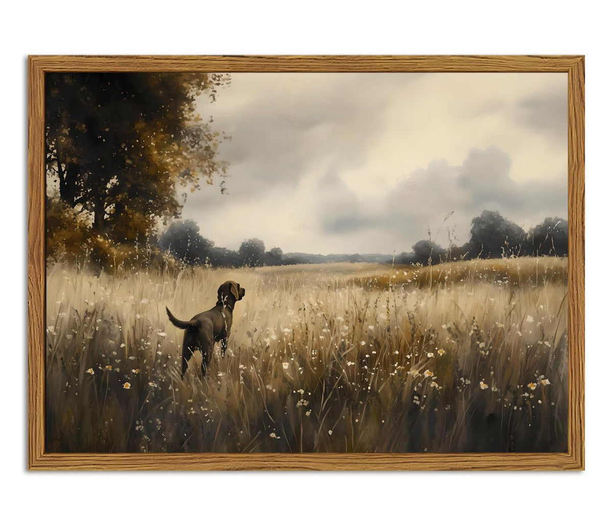 Framed Dog Canvas Wall Art, Cute Three Dogs in Flower Field Pictures Wall Decor, Rustic Farmhouse Animal Nature Paintings Prints Home Decor for Living Room Bedroom Bathroom 12x16 inch
