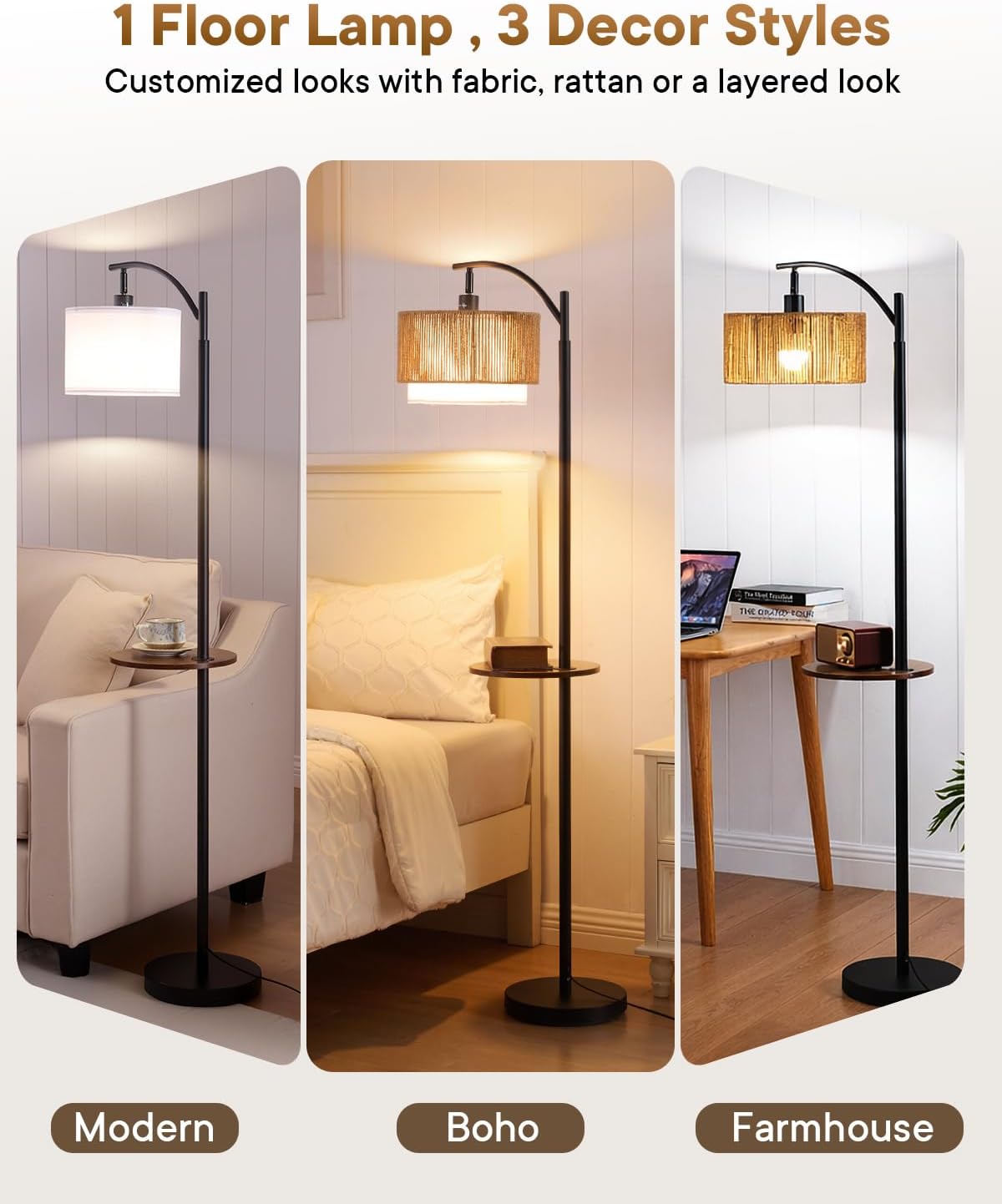 PESRAE Rattan Floor Lamp for Living Room, Farmhouse Arc Standing Lamp