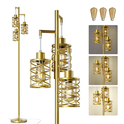 Oneach 66" Gold Floor Lamp for Living Room, Boho Floor Lamp with LED Bulb, Foot Switch, Rattan Shade, Industrial Tall Farmhouse Standing Lamp for Bedroom, Dining Room, Study Room, Office