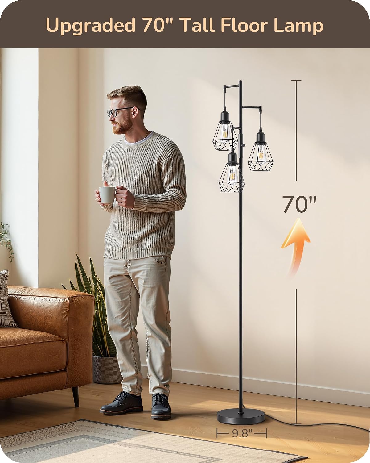 EDISHINE 70IN Farmhouse Floor Lamps for Living Room, Black Dimmable