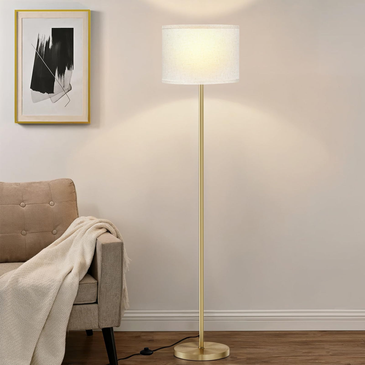 Modern Floor Lamp Simple Design with White Shade & Foot Pedal Switch